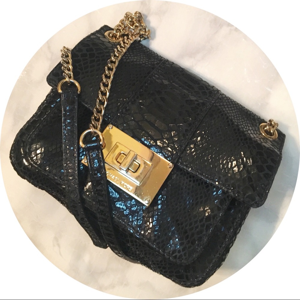 Michael Kors Black Faux-Snake Patent Leather Crossbody with Gold Hardware